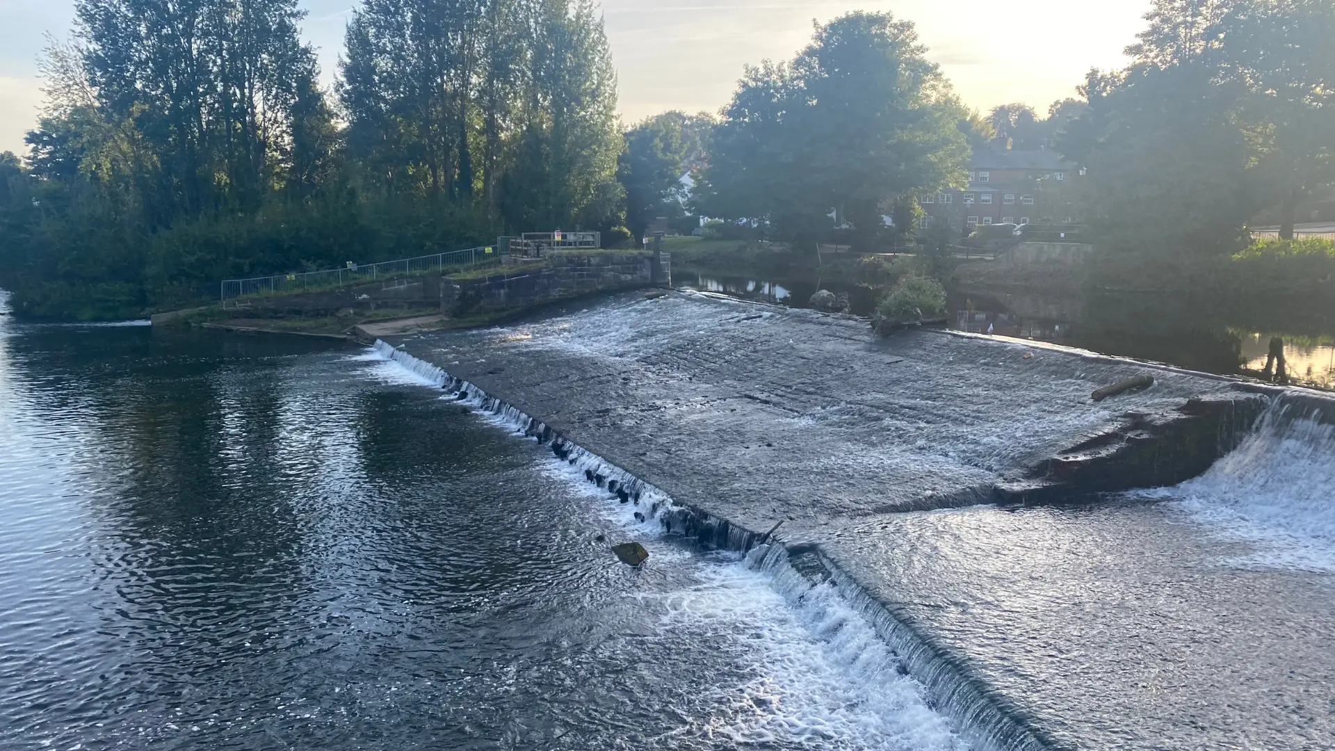 The scenic weir and waterfront at Darley Abbey Mills - the beautiful riverside setting of The Brasserie at Darleys restaurant in Derby